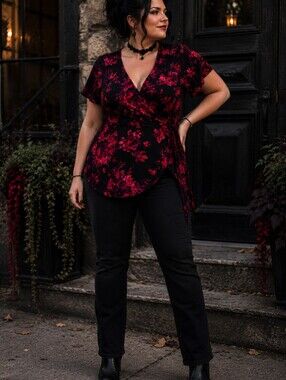 torrid Black Wrap Blouse with Pink and Red Floral Print